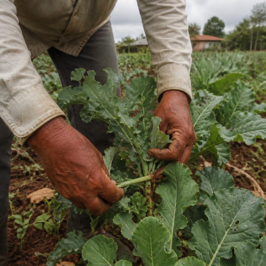 Mãos de agricultor colhendo couve em uma horta de agricultura familiar