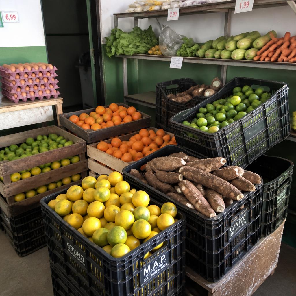 Caixotes de laranja, limão, mandioca e ovos sendo organizados em um hortifrúti de bairro